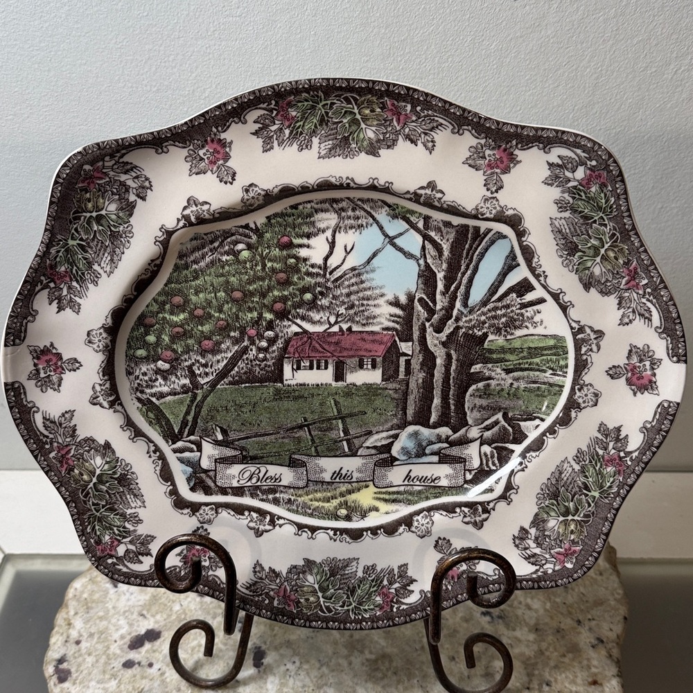 The Friendly Village Bless This House Scalloped Platter Johnson Bros England 11” - Picture 4 of 14